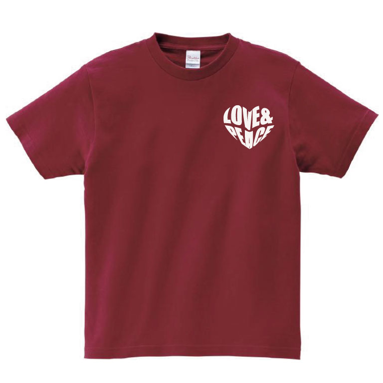 ラブアンドピースなバーガンディのTシャツ